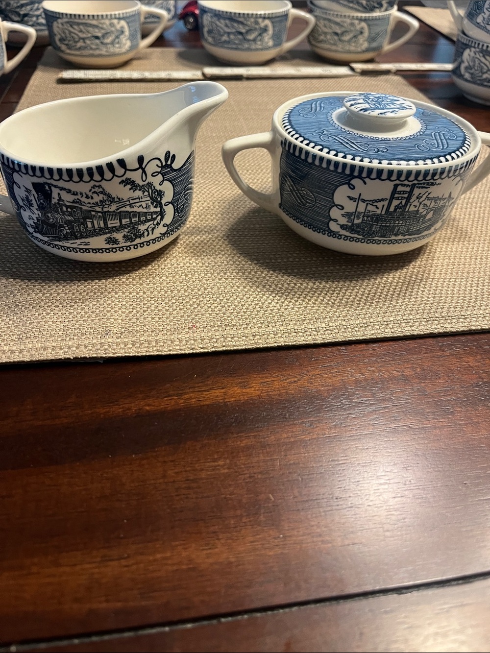 1960’s Blue and White Ceramic Creamer and Covered Sugar Set Classic Serve-ware 9